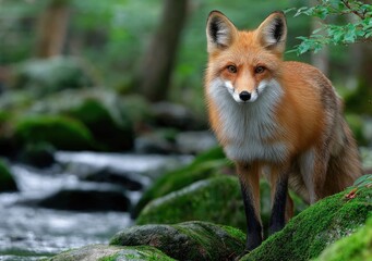 Obraz premium a fox standing on mossy rocks in the forest