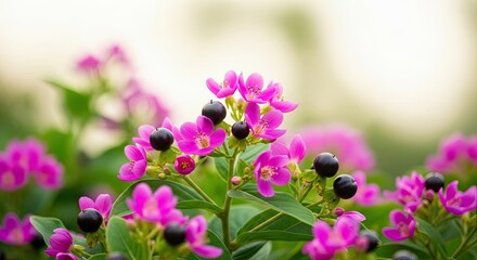 A vibrant close-up captures delicate pink flowers blooming alongside small dark berries and lush green leaves in a bright, soft-lit natural garden setting