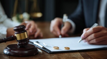 Divorce proceedings involving a judge s decision with a businesswoman consulting a male lawyer about signing legal documents