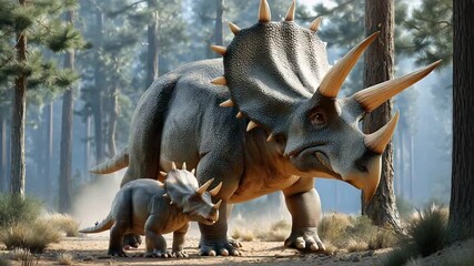 Prehistoric Stroll: Majestic Triceratops and Baby Dinosaur traverse a primordial forest, evoking a sense of ancient times.
