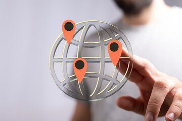 Image depicts global connectivity, international business, worldwide reach, location tracking.