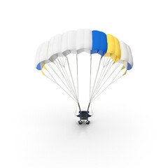 Fully open blue and yellow parachute canopy with rigging lines.