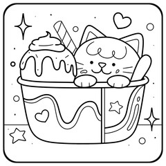 Cute Sweet Cat Coloring Page | Kawaii Dessert Kitty Line Art 08