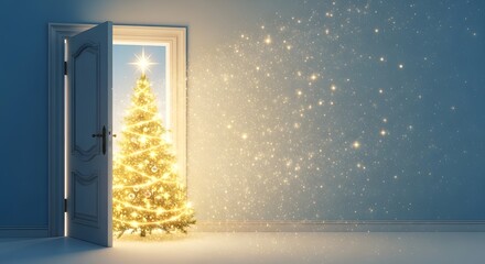 Christmas background: Open door revealing a glowing tree and glittering light. Copy space.
