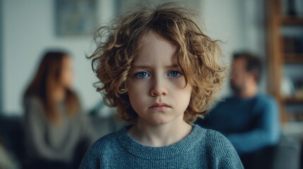 Unhappy child witnesses parents arguing over infidelity and divorce in their home