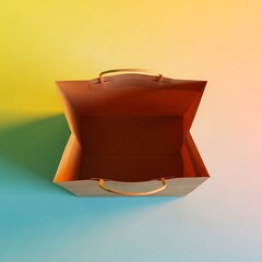 Top view brown paper shopping bag with rope handles on colorful gradient background for mockup