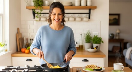 Smiling woman cooking breakfast in a bright kitchen