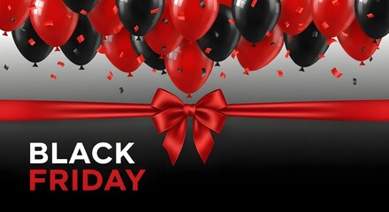 Black Friday sale design with red and black balloons, ribbon