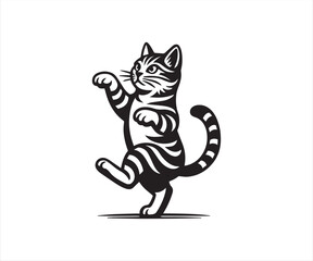 Cute Dancing Cat Illustration in Black Silhouette Engraving Style