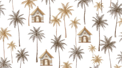 Seamless pattern featuring tropical huts and graceful palm trees illustrated in warm earthy tones for natural island inspired decorative designs
