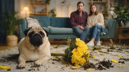 Humorous incident Pug escapes after toppling potted plant and creating a mess Couple on couch looks shocked and annoyed Adorable goofy puppy
