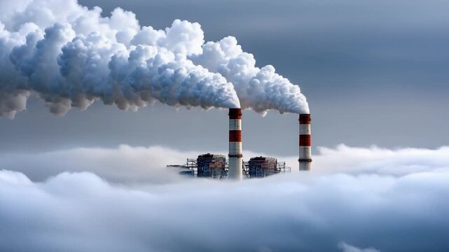 Smoke Stacks and Cloudy Sky: An industrial scene showcasing smokestacks billowing thick clouds of smoke, symbolizing environmental pollution and the impact of industry on the atmosphere. 