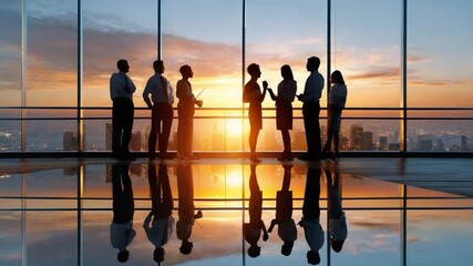 Sunrise Meeting: A group of business professionals engages in a morning discussion, bathed in the soft glow of dawn against a cityscape backdrop. - Powered by Adobe