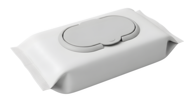 A package of white wet wipes with a light gray lid on a black background in a studio shot