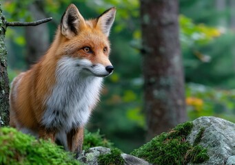 Obraz premium a fox standing on mossy rocks in the forest, motion capture