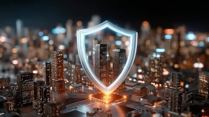 Cybersecurity Shield: A vibrant shield of light envelops a miniature cityscape, symbolizing protection and digital security. - Powered by Adobe