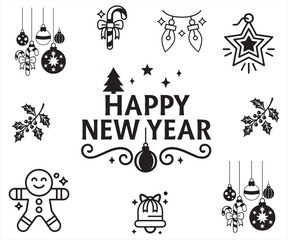 Fototapeta premium Happy New Year Decorative Holiday Icon Set in Black Silhouette Style