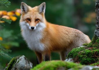 Obraz premium a fox standing on mossy rocks in the forest, motion capture