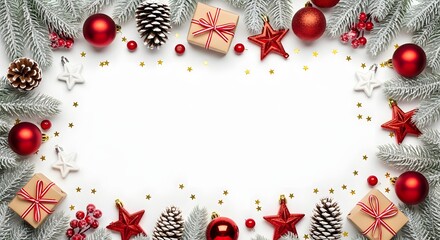  Christmas border with red ornaments, silver fir, gifts, and copy space on white.