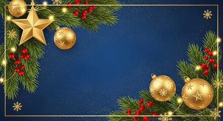 blue Christmas background with gold ornaments, holly, and green festive branches. copy space