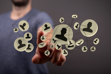 Illustration of networking and modern technologies. Social link concept. Person touching digital interface with network icons, representing soci