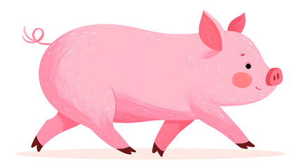 Pink pig illustration walks with brush stroke texture, useful for children's books, farm themes, & educational materials.