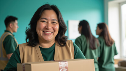Smiling woman holding package in delivery environment, surrounded by colleagues in uniforms, showcasing teamwork and positivity