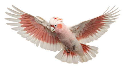 Pink cockatoo flies on white. Sharp avian portrait showcases wing details for posters.
