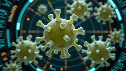 Digital illustration of virus particles scientific environment, showcasing intricate details and textures. background features futuristic