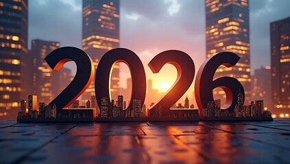 The year 2026 displayed against a futuristic city skyline at sunrise