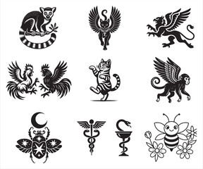 Mythical Creatures Animals and Symbolic Icon Set in Black Silhouette Style
