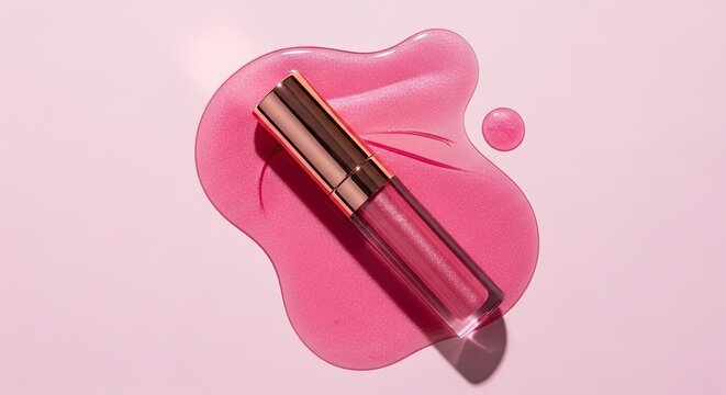 A shimmering pink lip gloss tube rests on a vibrant puddle of glittery liquid cosmetic, creating a luxurious beauty product display on a soft pink background