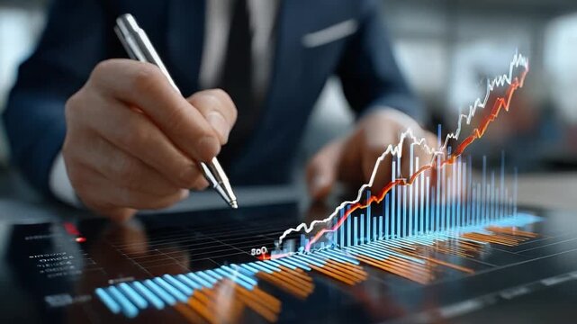 Business Insight: A professional analyzes financial data, with a pen poised over a complex chart illustrating the ups and downs of market trends.