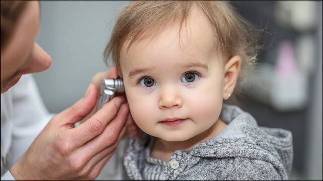 Doctor examines a baby girl s ears for a hearing test using impedance audiometry