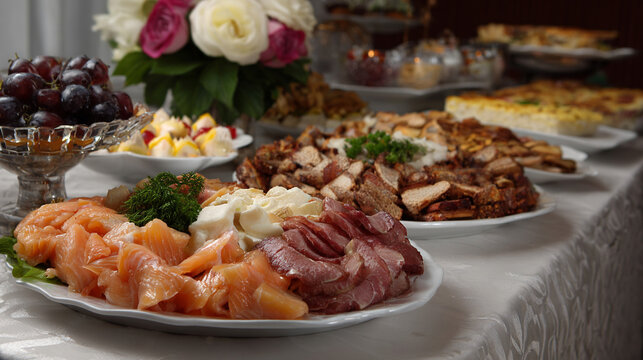 Luxury catering buffet table with salmon, cold cuts and fresh fruit at an event