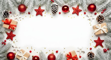 Festive Christmas background with ornaments, gifts, pine cones and snowy branches