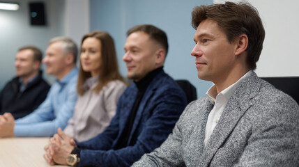Portrait of a smiling business team in conference room.