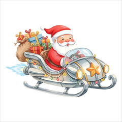 Santa Claus Flying Car Vehicle Watercolor Vector Isolated on White Background
