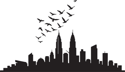 Fototapeta premium black silhouette of skyline with birds on white background, vector