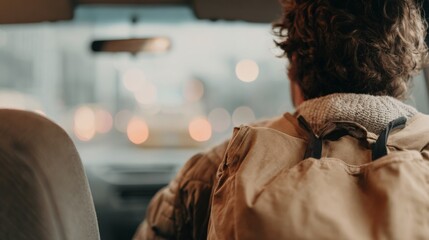 Obraz premium Person with backpack sitting in car, rear view perspective, urban travel mood, warm cinematic tones, everyday journey lifestyle scene