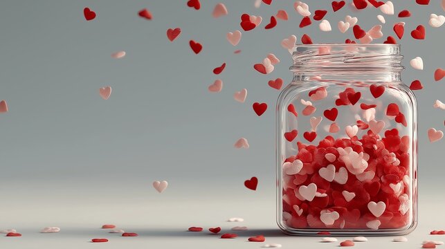 Colorful heart-shaped candies spilling from an open jar creating a festive and joyful atmosphere for celebrations or romantic occasions