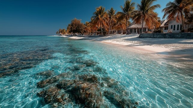 Clear turquoise water and sandy beach with palm trees lining the shore in a tropical paradise during a sunny day