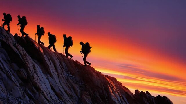 Ascending Silhouettes: A group of adventurous hikers conquer a steep mountain slope against a vibrant sunset sky, their silhouettes against a breathtaking backdrop. A visual metaphor for ambition.