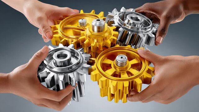 Interconnected Gears: Four hands, representing unity and collaboration, carefully connect golden and silver gears. A visual metaphor for teamwork, synergy, and seamless operation.