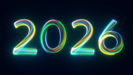 Colorful light trails forming glowing “2026” text with long-exposure abstract motion. Created with generative AI. - Powered by Adobe