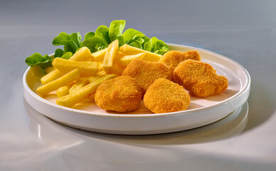 Pommes und Panierte Nuggets mit Salat auf weissem Steingutteller, Fastfood, Geflügel, Chickennuggets, 
