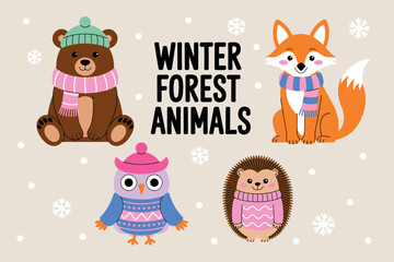 Naklejka premium Cute winter forest animals are dressed in warm clothing for the cold season.