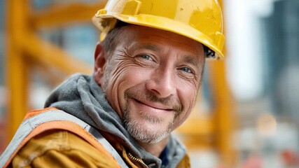 Smiling Builder: A confident construction worker in a yellow hard hat radiates approachability and expertise. He stands against the backdrop of an active construction site.