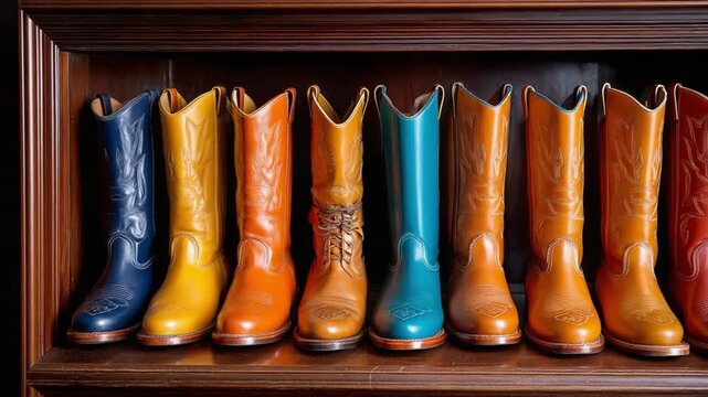 Array of Colorful Cowboy Boots: A vibrant display of cowboy boots, each pair telling its own story through color and detail, lined up neatly on a wooden shelf.