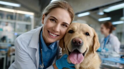 Trust and Compassion: A smiling veterinarian shares a tender moment with a beloved golden retriever. The scene epitomizes the essential bond between animal and caretaker